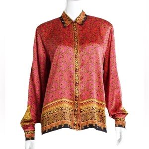 VTG ESCADA Pink 100% Silk Paisley Blouse Gold Logo Buttons Honeycomb Sz 36 US 6